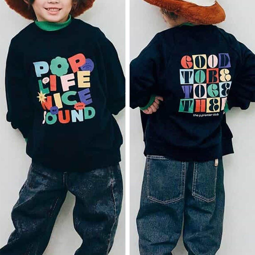 100%棉 落肩印花縮口長袖上衣-英文LOGO-黑