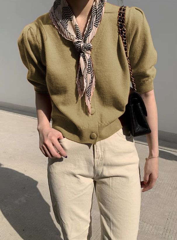 日本 GRL - 復古大圓釦V領五分袖針織上衣-焦糖棕