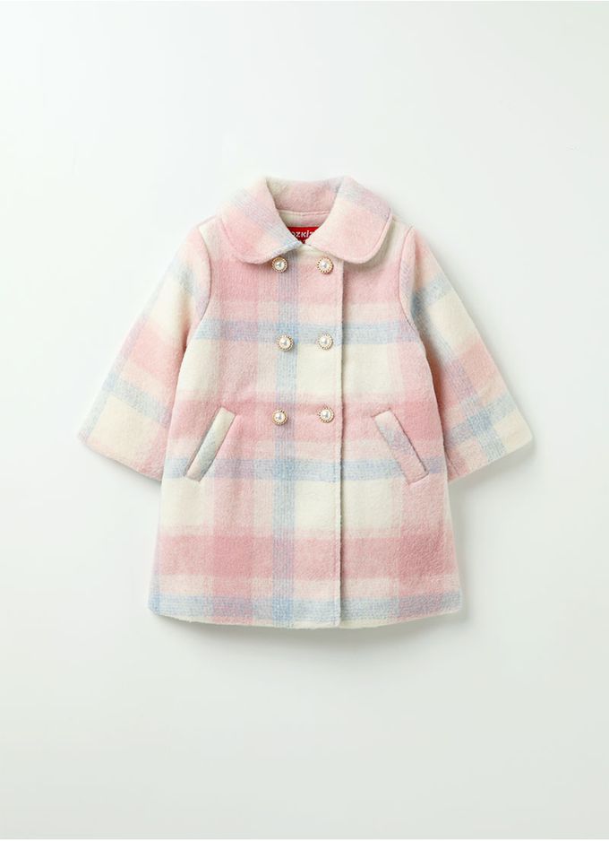 韓國 OZKIZ - (附絨毛圍巾)格紋毛料絎縫大衣外套-粉
