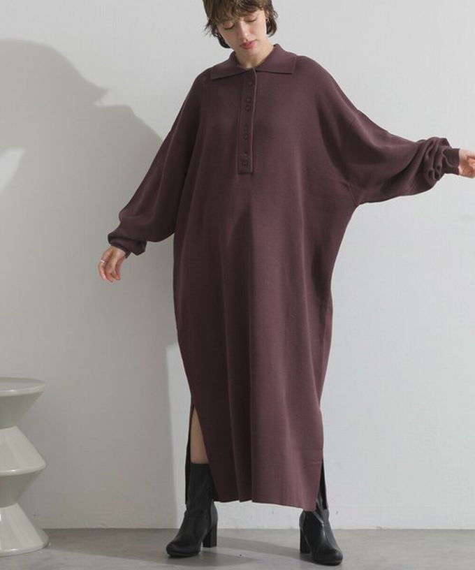 日本 Lupilien - 氣質排扣polo衫針織長袖洋裝-海軍藍