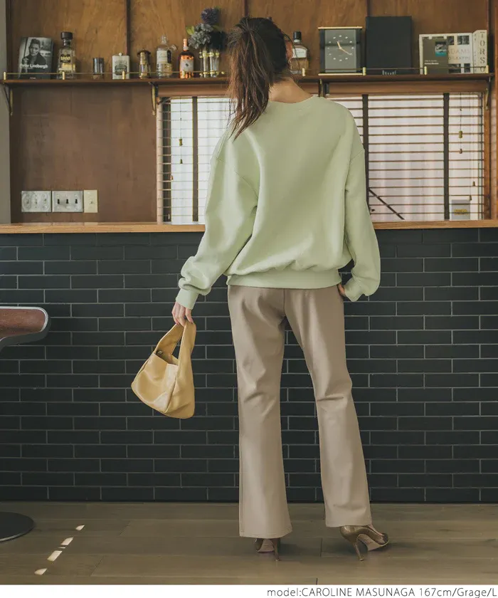 日本 COCA - 裏起毛摺線美腿微喇叭褲-黑