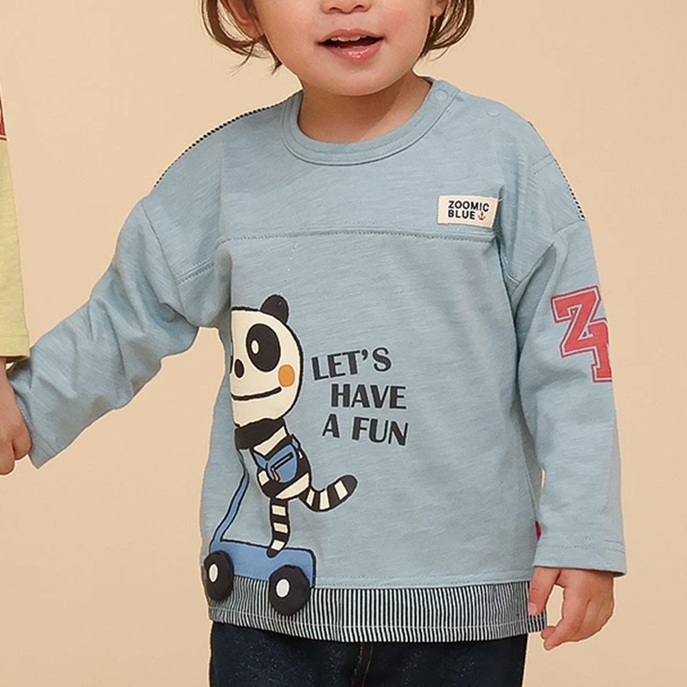 春季拼接風長袖上衣-滑板車小熊-水藍