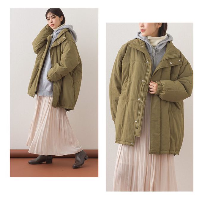 日本 OMNES - 蓬鬆厚感科技羽絨大衣保暖外套-軍綠