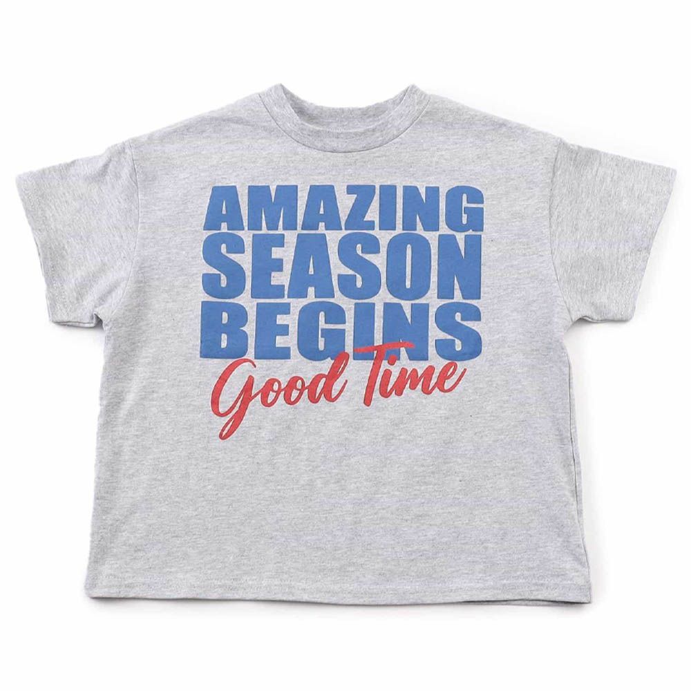 100%棉 運動風印花短袖上衣-背後英文-淺灰