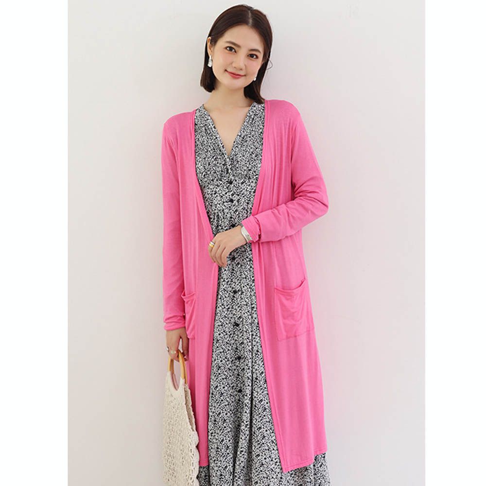 莫代爾雙口袋長版防曬外套/罩衫-玫紅 (F)