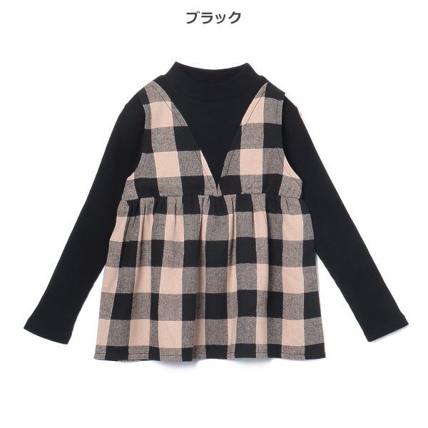 日本西松屋 - 異材質拼接假兩件長袖上衣-格紋-黑x卡其