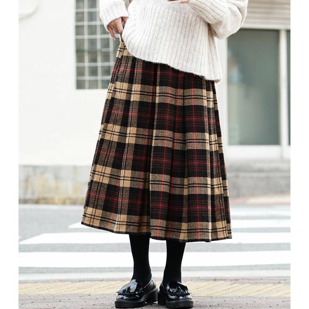 日本 zootie - 羊毛混紡層次打褶修身長裙-紅線格紋-深可可