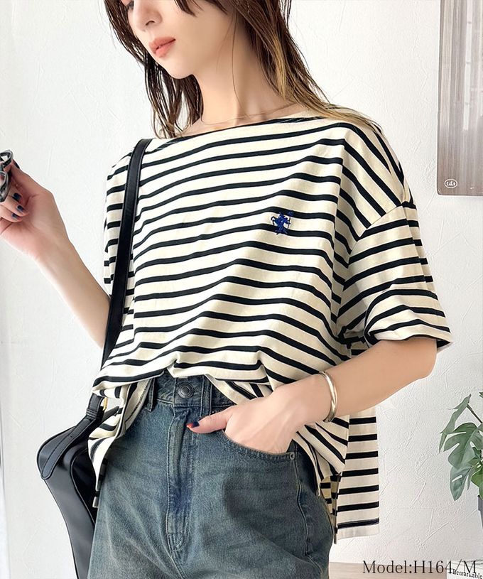 日本 Classical Elf - 混有機棉休閒條紋五分袖上衣-白x黑