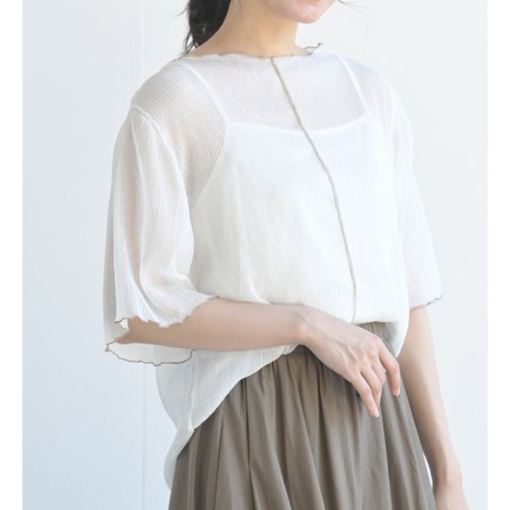 日本 ELENCARE DUE - 楊柳風微透膚五分袖上衣X背心套裝-白