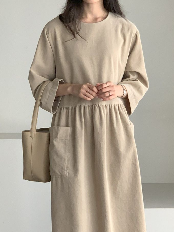 韓國女裝連線 - 極簡大口袋燈芯絨連身洋裝-米杏 (FREE)