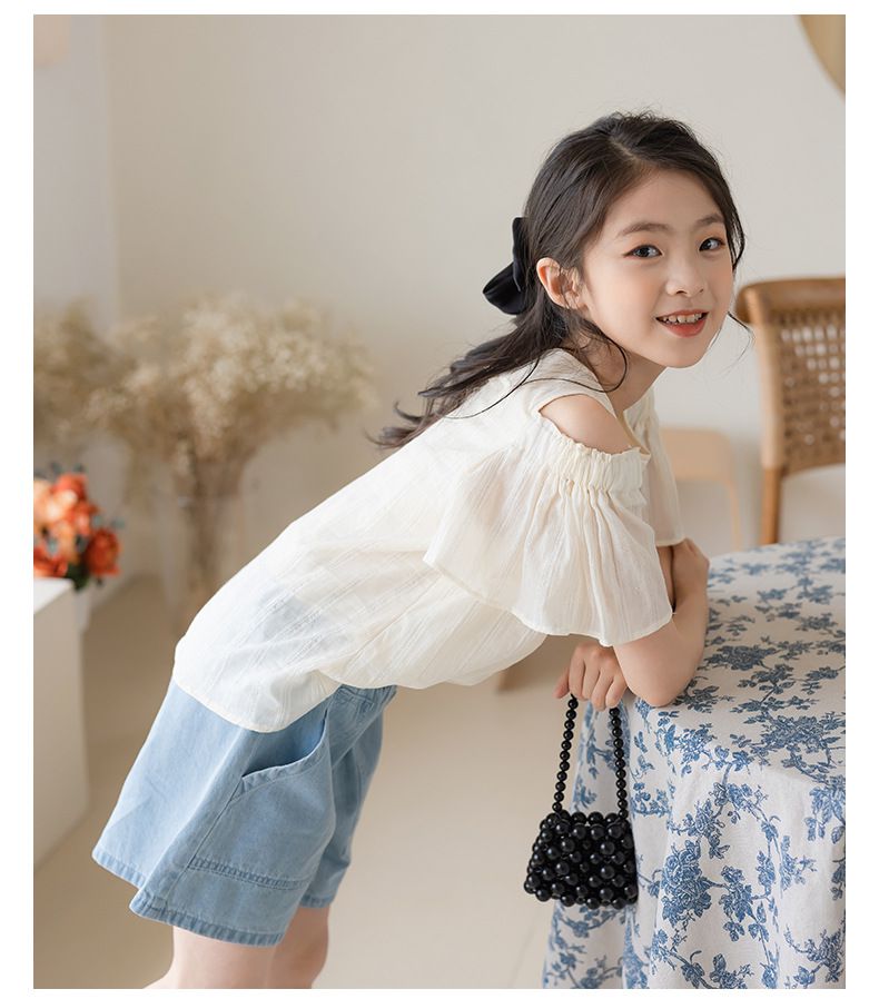 氣質花袖露肩上衣-米色