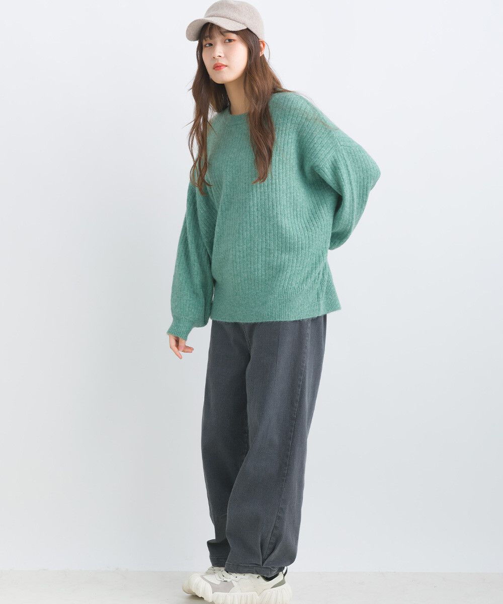 日本女裝代購 - 大寬袖圓領混色針織上衣-米黃