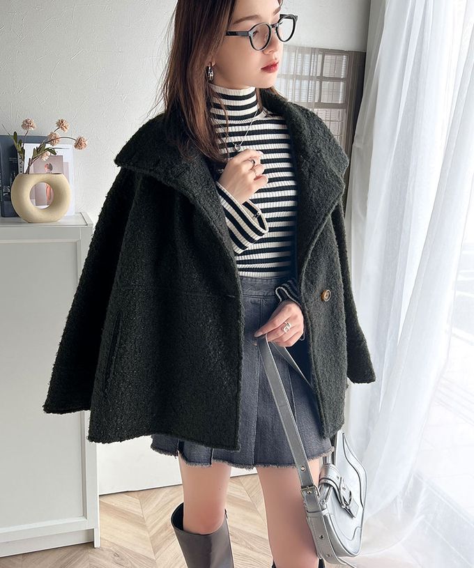 日本 Classical Elf - 玳帽扣時尚立領廓形毛絨大衣-米白