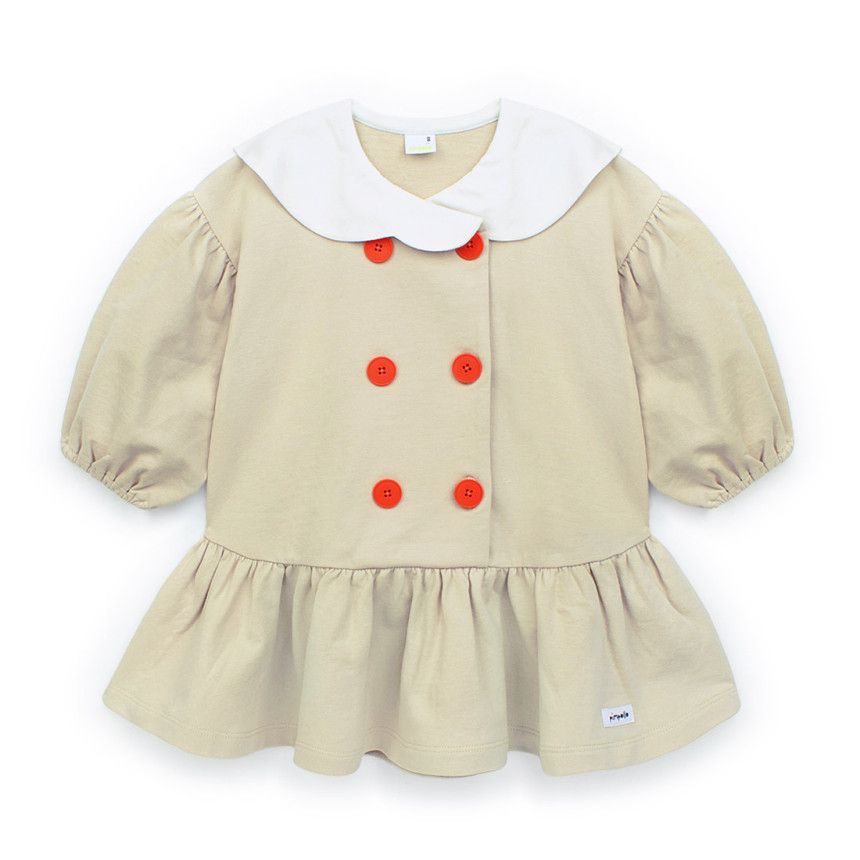 韓國 Pimpollo - 雲朵翻領鈕扣波浪洋裝-綠