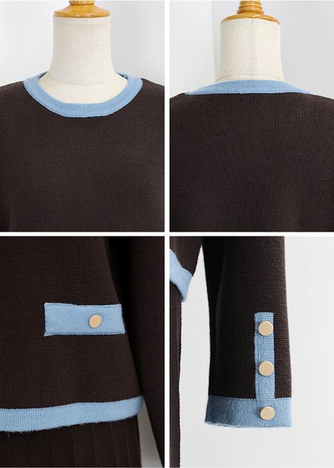 日本 BLUE EAST - 金釦滾邊針織上衣+優雅百摺長裙(2件組)-米x酒紅