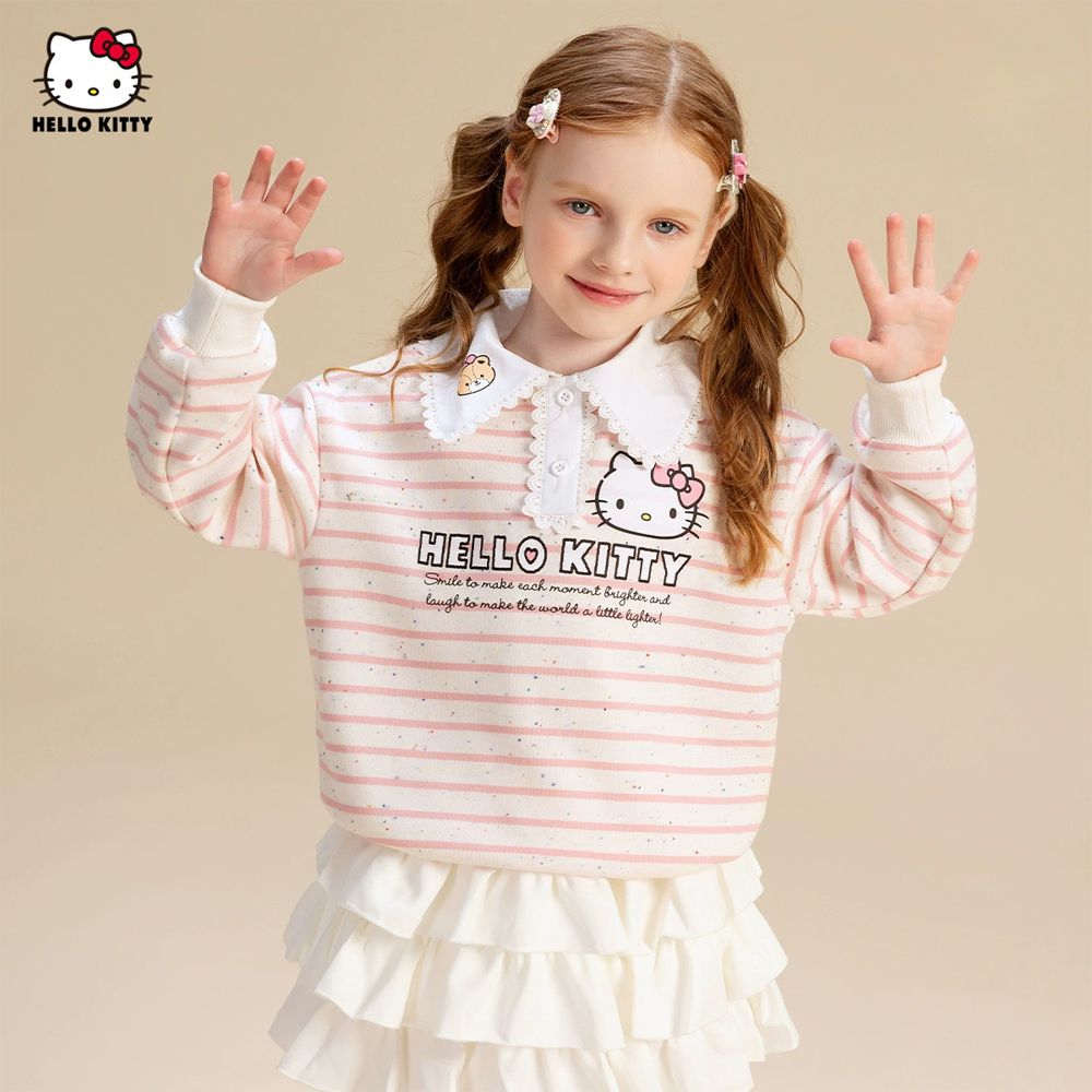 條紋彩點翻領長袖上衣-卡通人物Hello Kitty-粉色