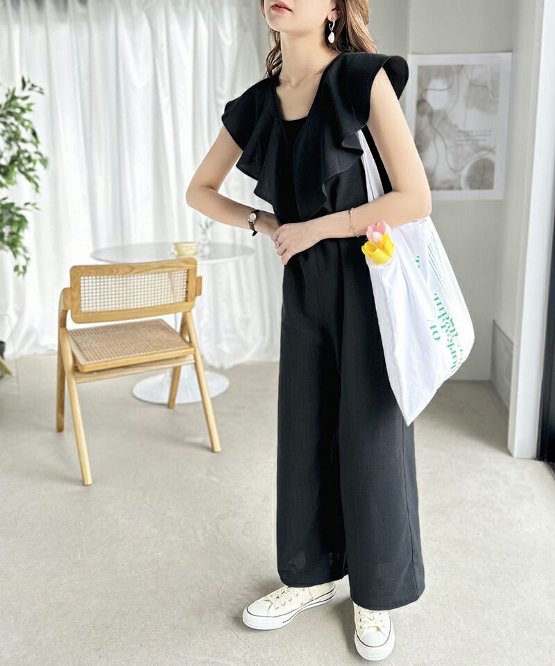 日本 Classical Elf - 浪漫荷葉V領無袖連身褲-摩卡