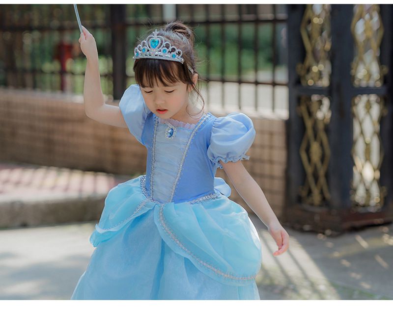 公主寶石裝飾網紗洋裝-藍色