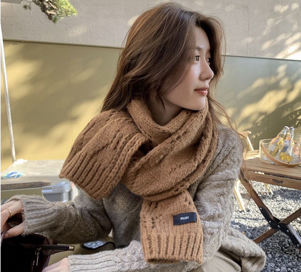 學院風純色針織毛線長版圍巾-焦糖-成人圍巾披肩-焦糖-175 x 35 cm