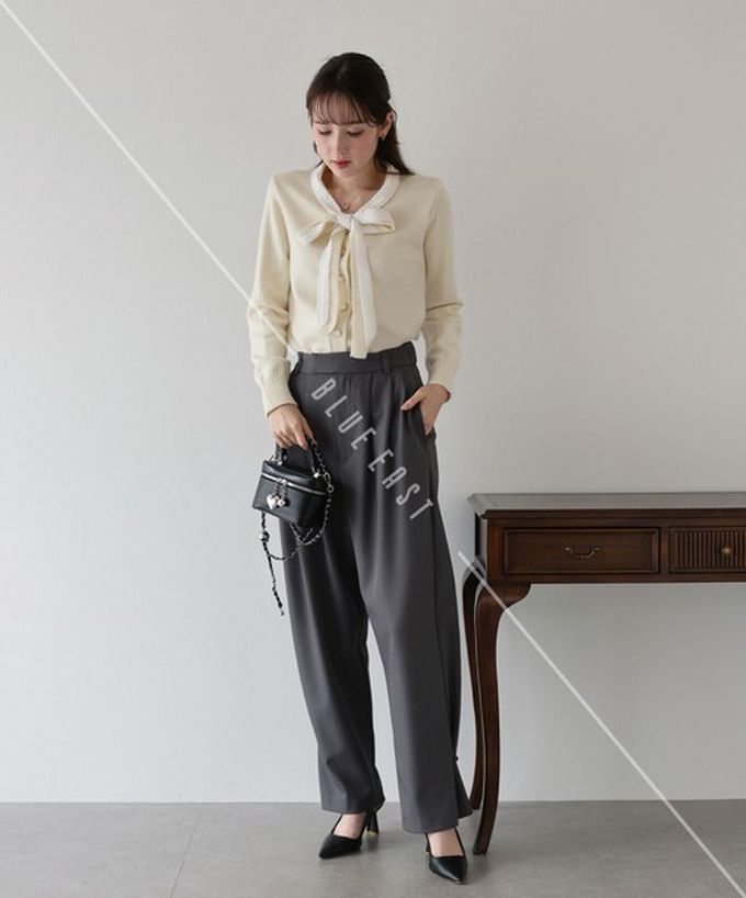 日本 BLUE EAST - 少女爛漫蕾絲蝴蝶結開襟衫-灰