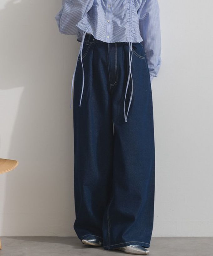 日本 ELENCARE DUE - 10oz 立體摺線後腰鬆緊牛仔褲-刷色黑