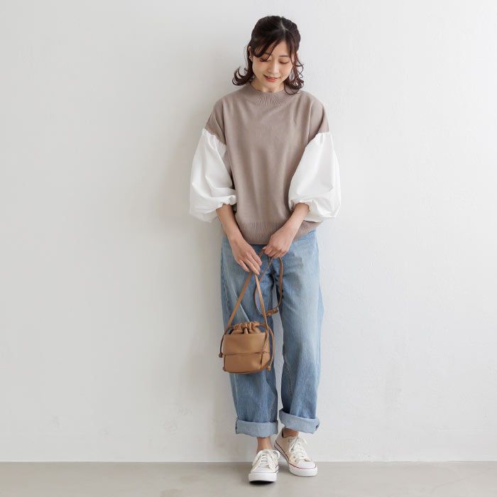 日本 ihuu - 氣球袖拼接薄針織上衣-黑x白