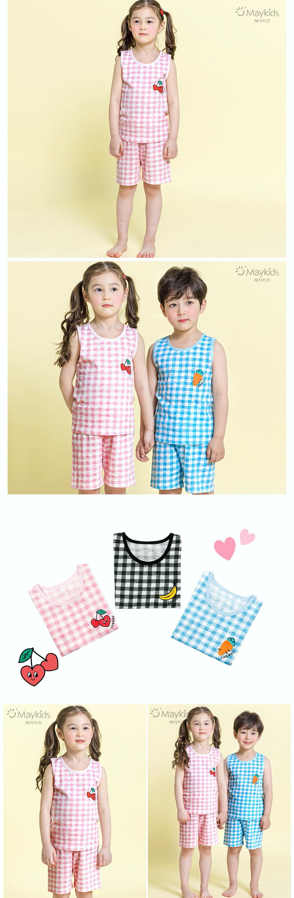 韓國 Maykids - 有機棉細柔無袖家居服-粉格子櫻桃