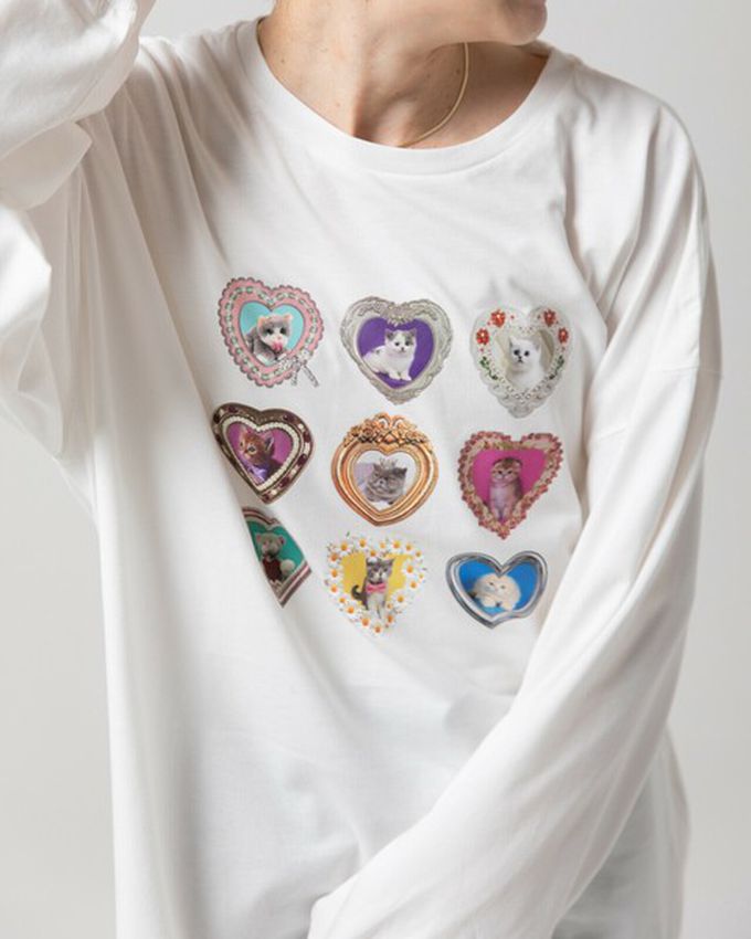 日本 gleam - 可愛貓咪相框寬版長袖T恤-白