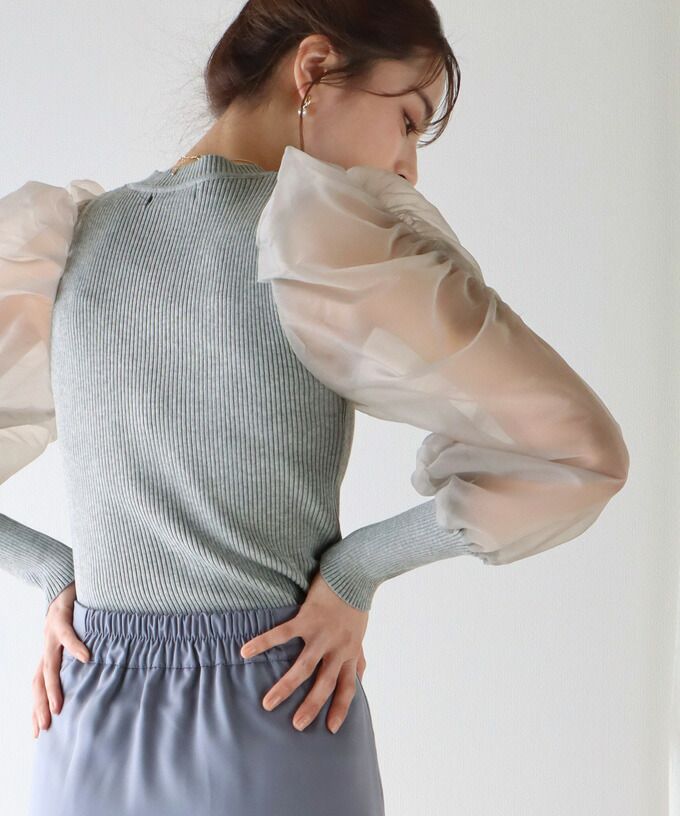 日本 BLUE EAST - 氣質薄紗抓皺長袖上衣-灰