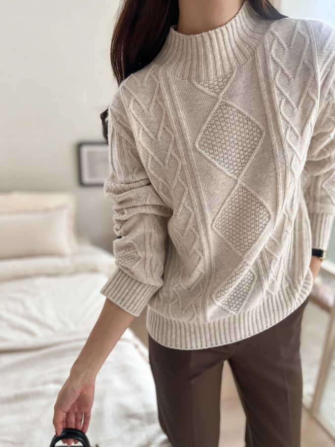 韓國女裝連線 - 立體紋路中領針織長袖上衣-燕麥米 (FREE)