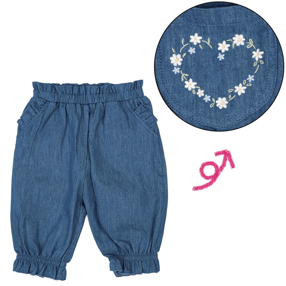 7分褲-口袋刺繡-深藍