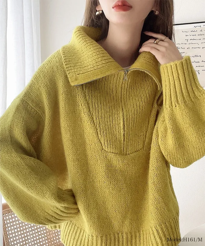 日本 Classical Elf - Java 半拉鏈率性寬鬆素面毛衣-黃