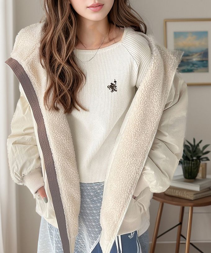 日本 Classical Elf - [必收]logo刺繡羅紋百搭長袖上衣-煙燻藍