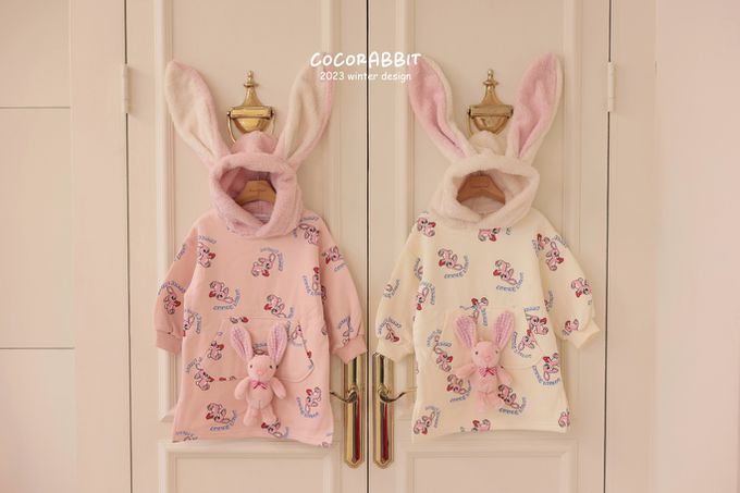韓國 Coco rabbit - (內磨毛)滿版兔兔毛絨耳朵連身洋裝-粉
