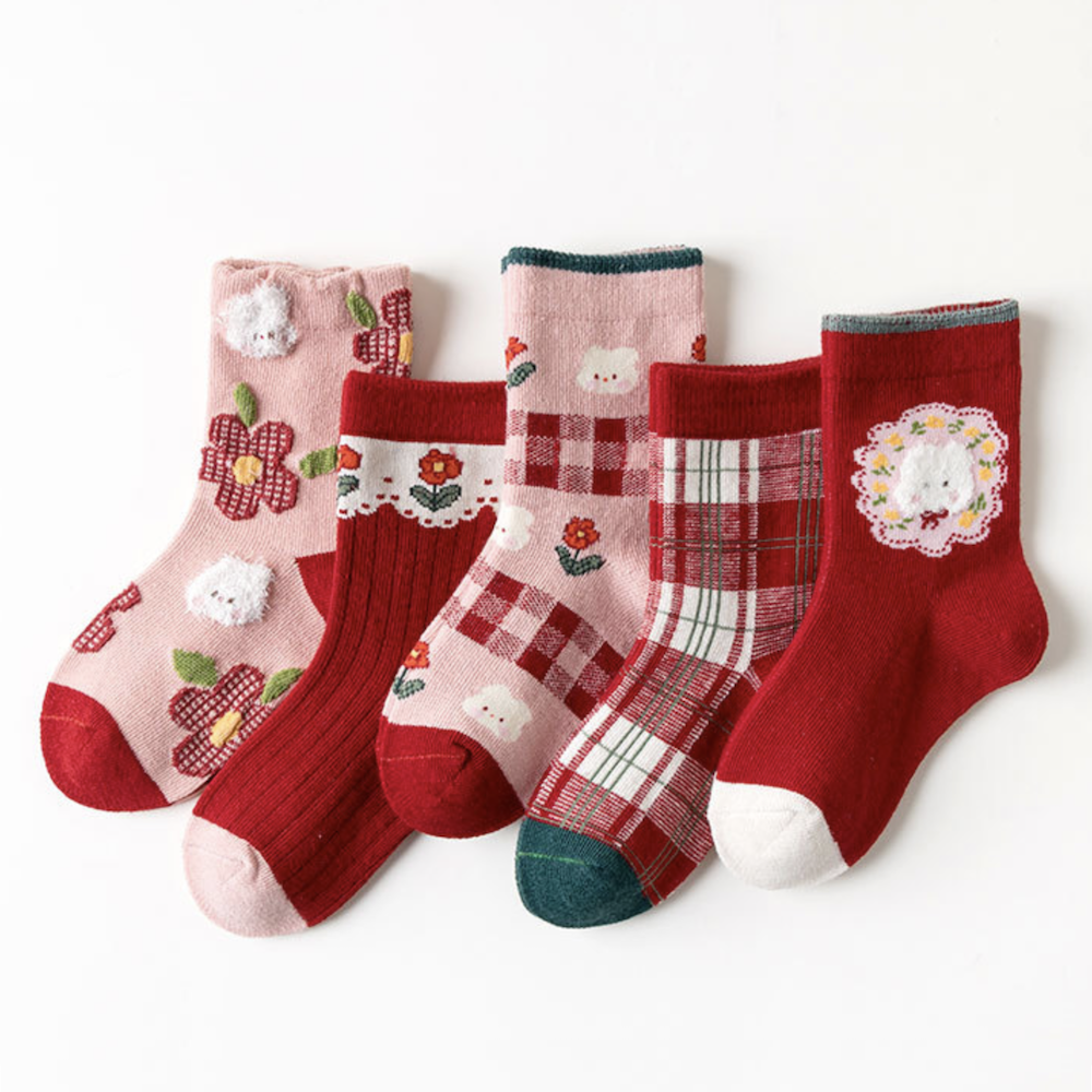 love, charlotte - 新年可愛兔年寶寶襪子中筒襪-5雙一組