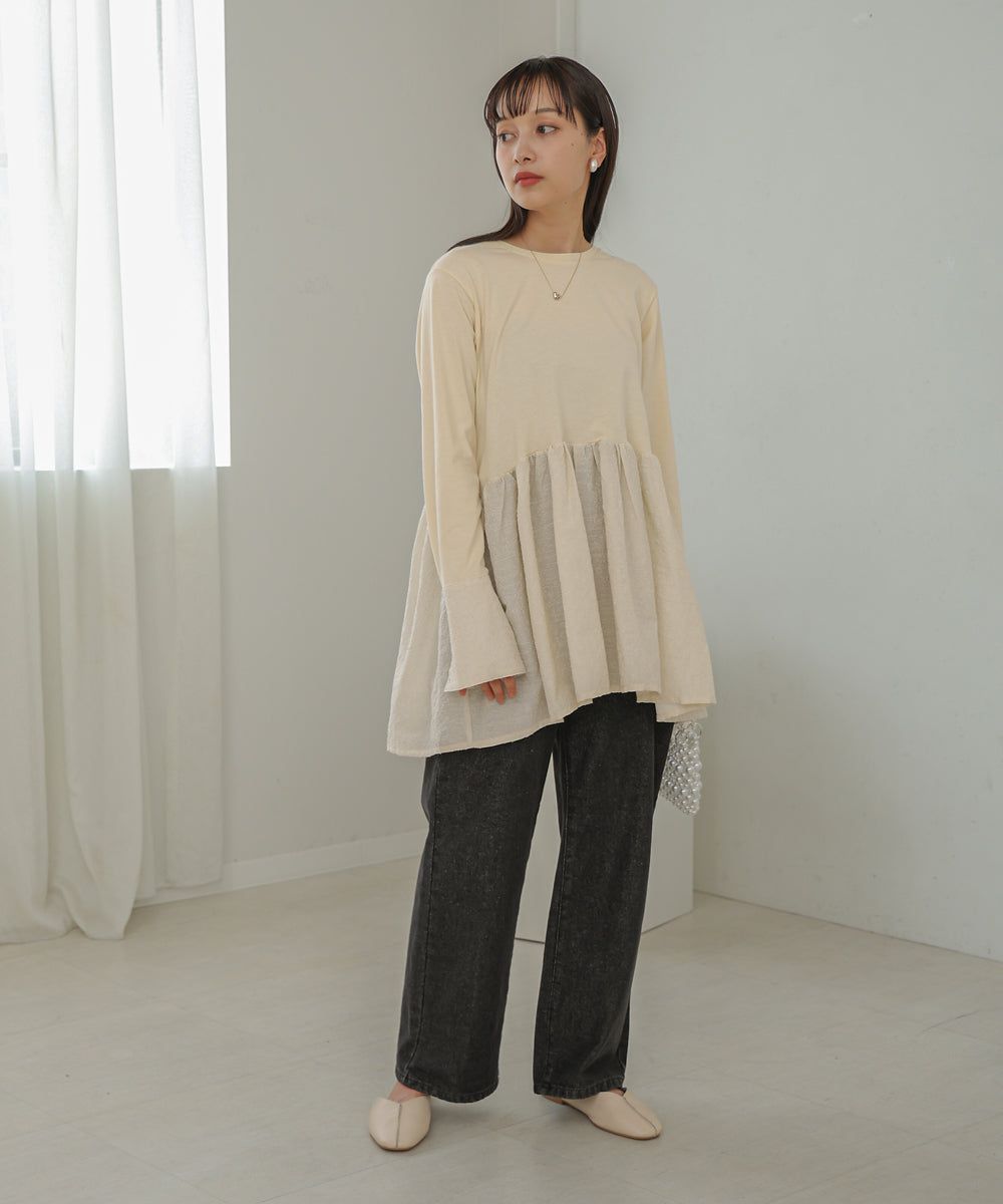 日本 Bab - 優美緹花拼接長袖上衣-水藍