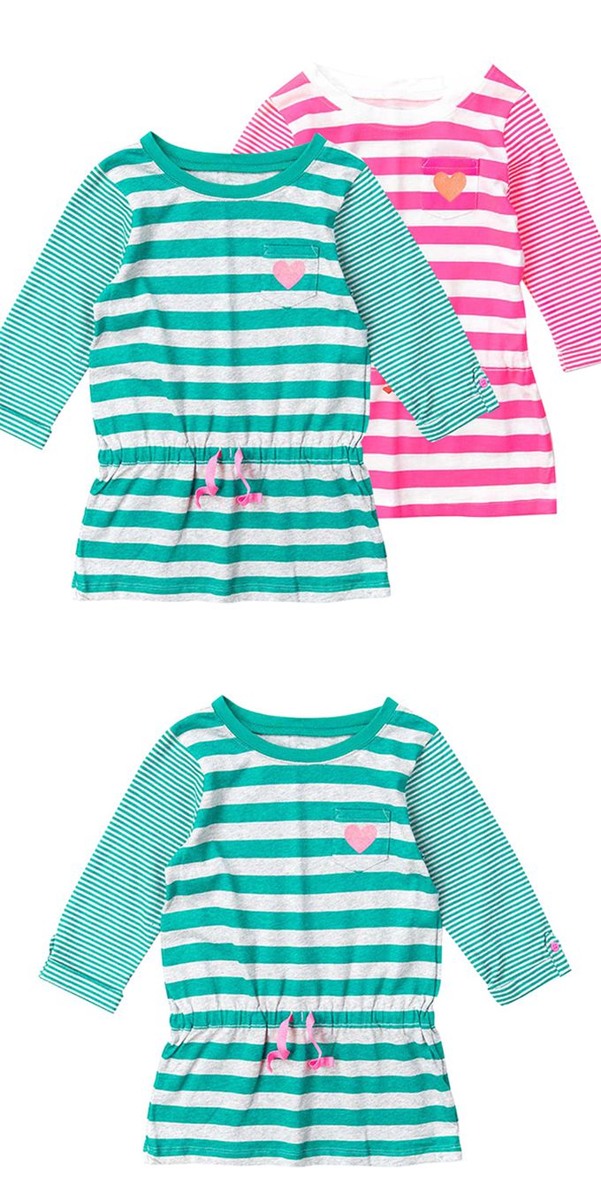 美國 Carter's - 愛心口袋橫條紋抽繩收腰長袖連身裙-綠灰