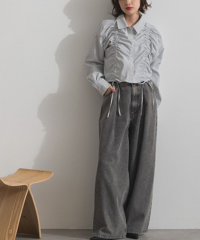 日本 ELENCARE DUE - 10oz 立體摺線後腰鬆緊牛仔褲-刷色黑