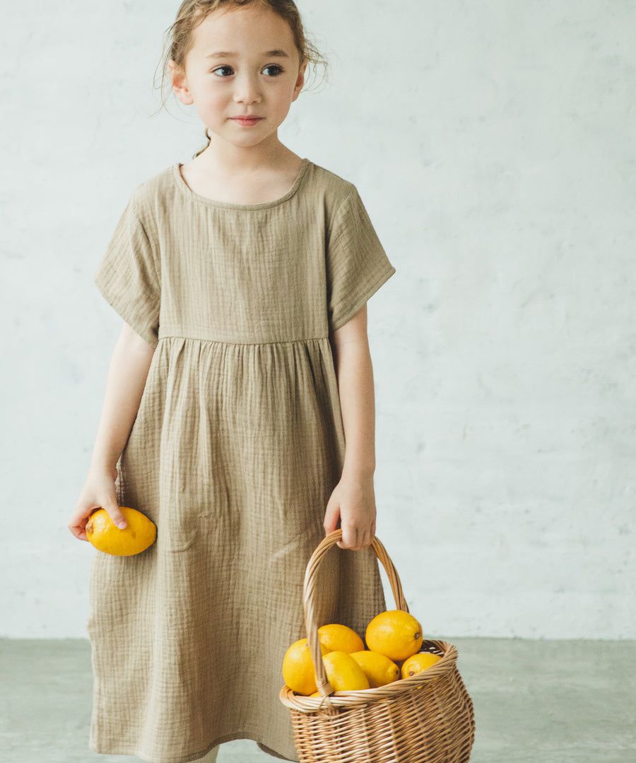 日本 PAIRMANON - 純棉微皺感短袖素色洋裝(孩子)-紅