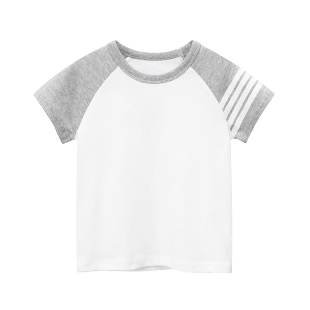 27KIDS - 純棉短袖上衣-袖子條紋款-米白+灰