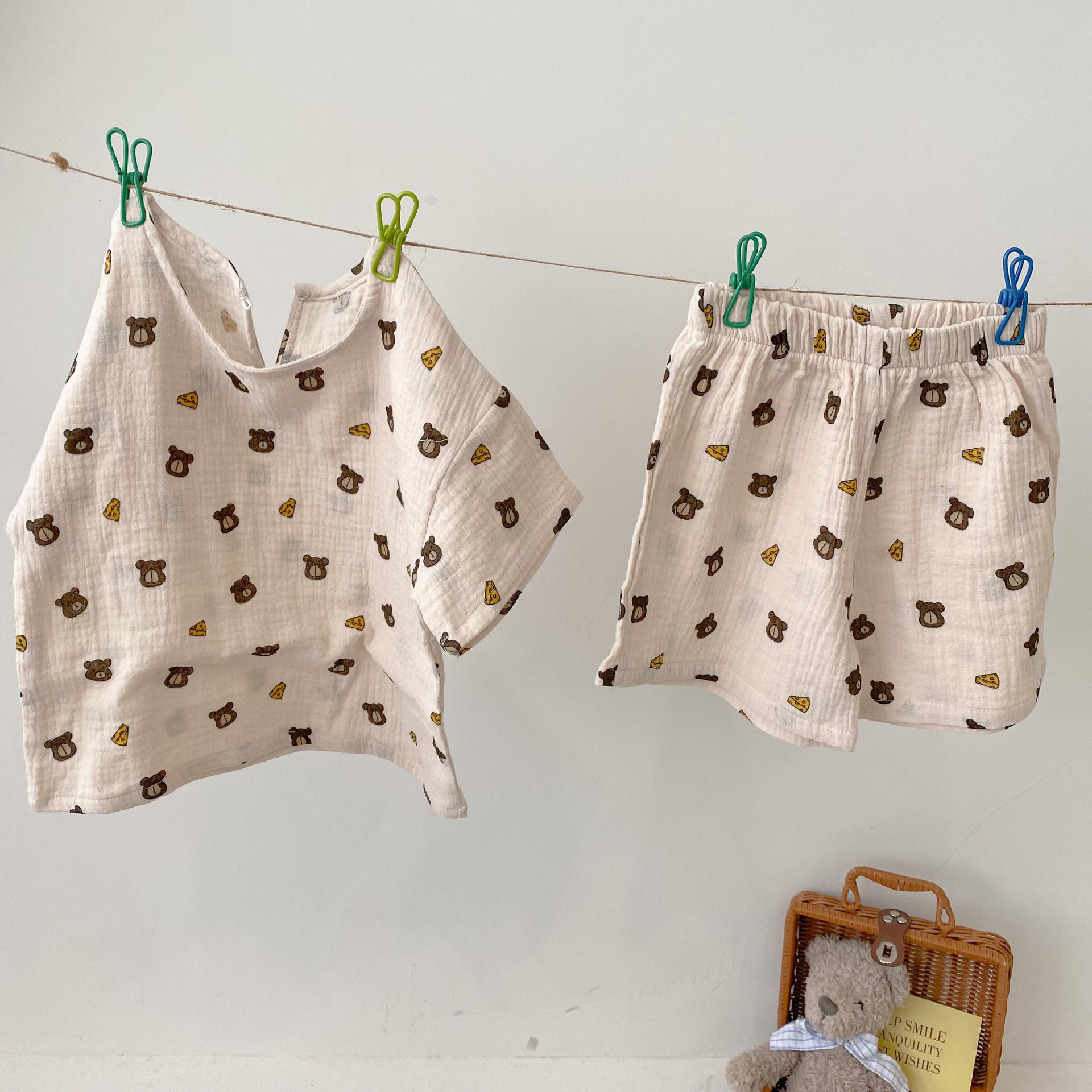 紗布棉短袖家居服套裝-小碎花-奶油色