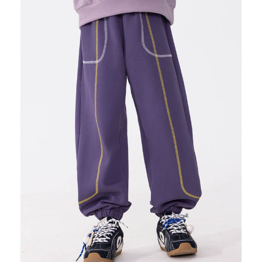 四面彈休閒運動束口長褲-撞色車線-紫色