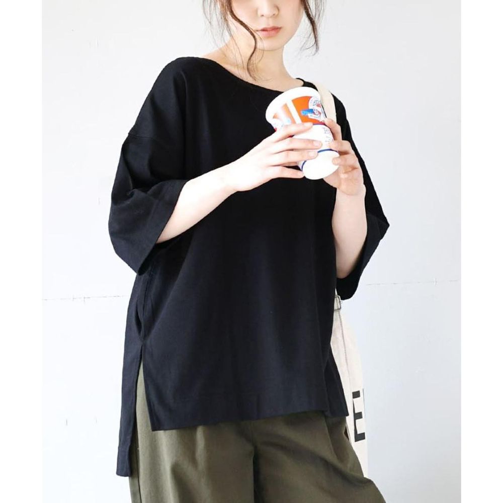 日本 zootie - Design+ 修身遮臀寬版百搭五分袖上衣-黑
