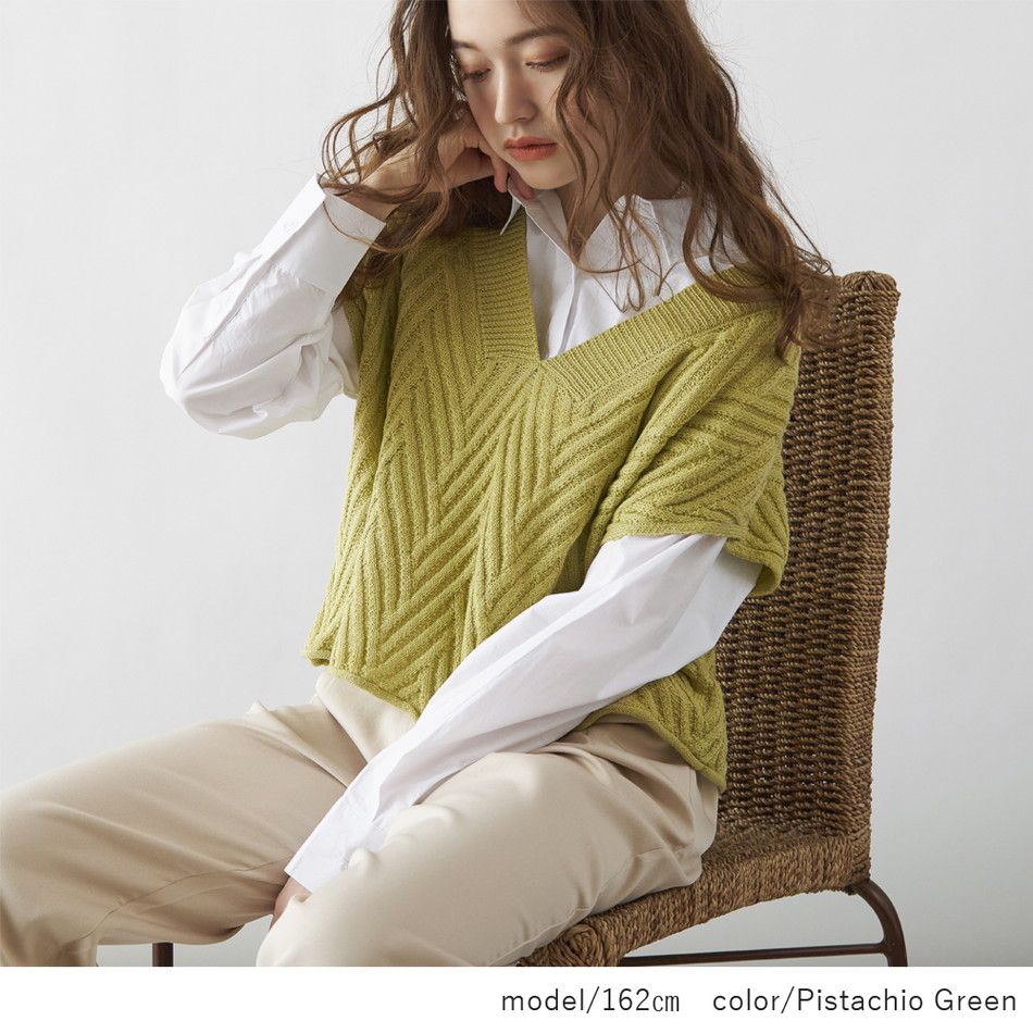 日本 Rejoule - 立體V字坑紋寬鬆針織背心-燕麥 (M(Free size))