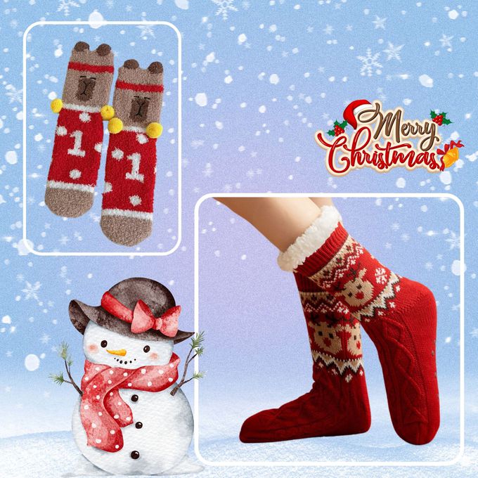 聖誕針織毛線紅色麋鹿款羔羊絨室內保暖止滑襪