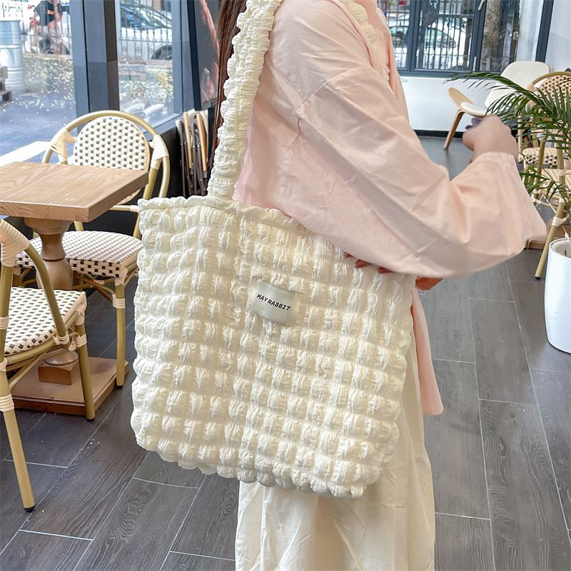 加厚奶油泡泡雲朵手提包/肩背包-米杏色 ((32+24)x40x14cm)