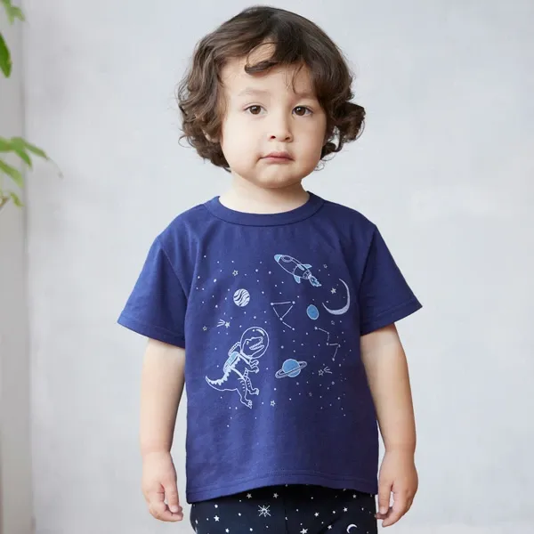 日本 petit main - 百搭印花短袖上衣-恐龍線條-卡其黃