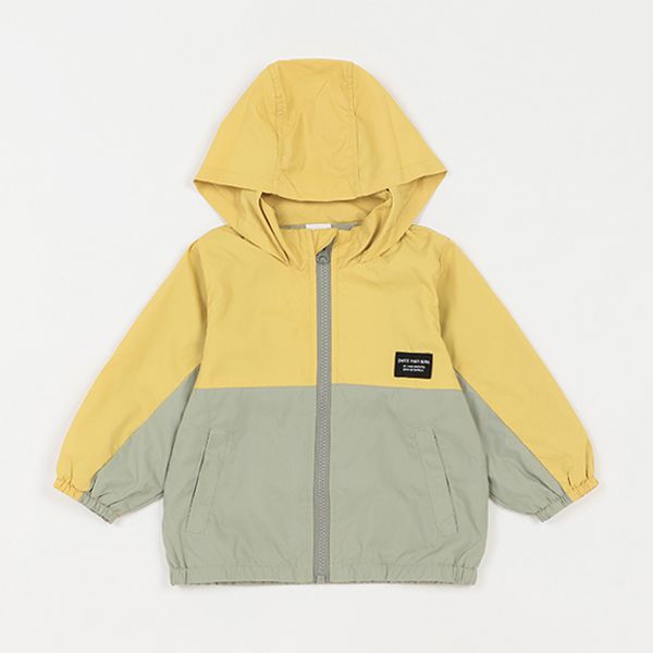 日本 petit main - 拼接雙色連帽輕量防風外套-淺黃x薄荷
