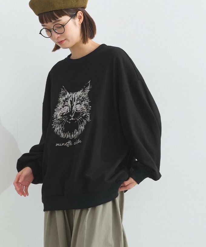 日本 Lupilien - 線條貓咪印花裏毛長袖上衣-黑