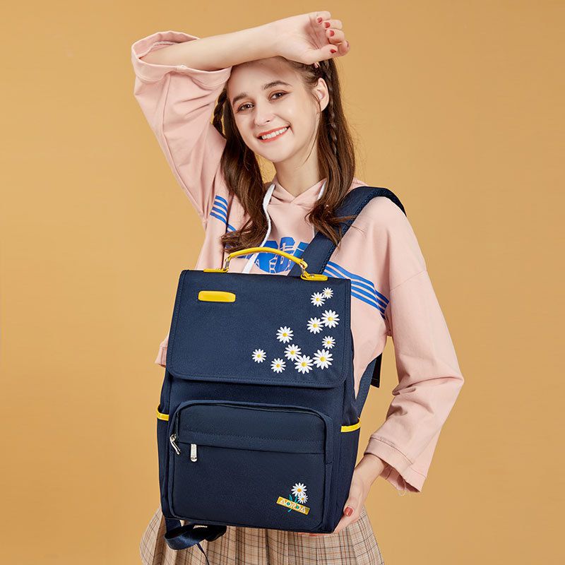 簡約大容量翻蓋書包-小雛菊-黑色 (38.5x28x15cm)